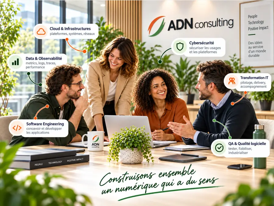 Équipe ADN Consulting réunie autour des expertises Cloud, Data, cybersécurité, software engineering, transformation IT et qualité logicielle