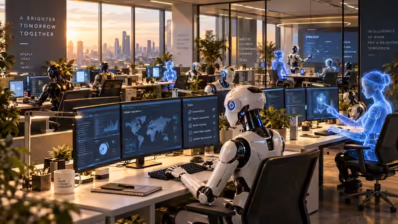 Plateau de travail en entreprise où des assistants IA et des robots travaillent sur plusieurs postes informatiques