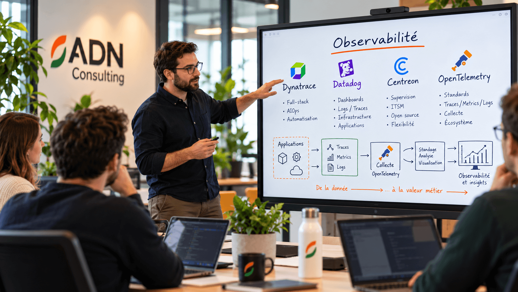 Formation à l’observabilité : un intervenant présente Dynatrace, Datadog, Centreon et OpenTelemetry devant une équipe