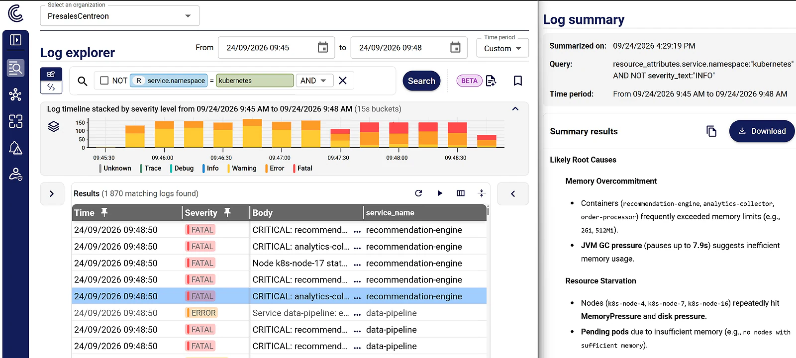 Interface Centreon Log Management : filtrage par attribut et consultation du résumé des logs