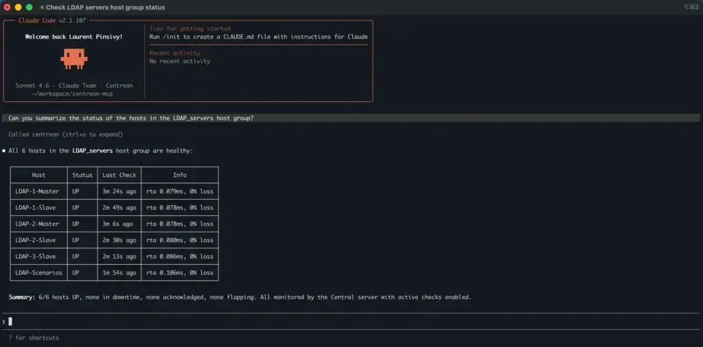 Exemple officiel : Claude Code interroge le serveur MCP Centreon sur l’état d’un groupe de serveurs LDAP
