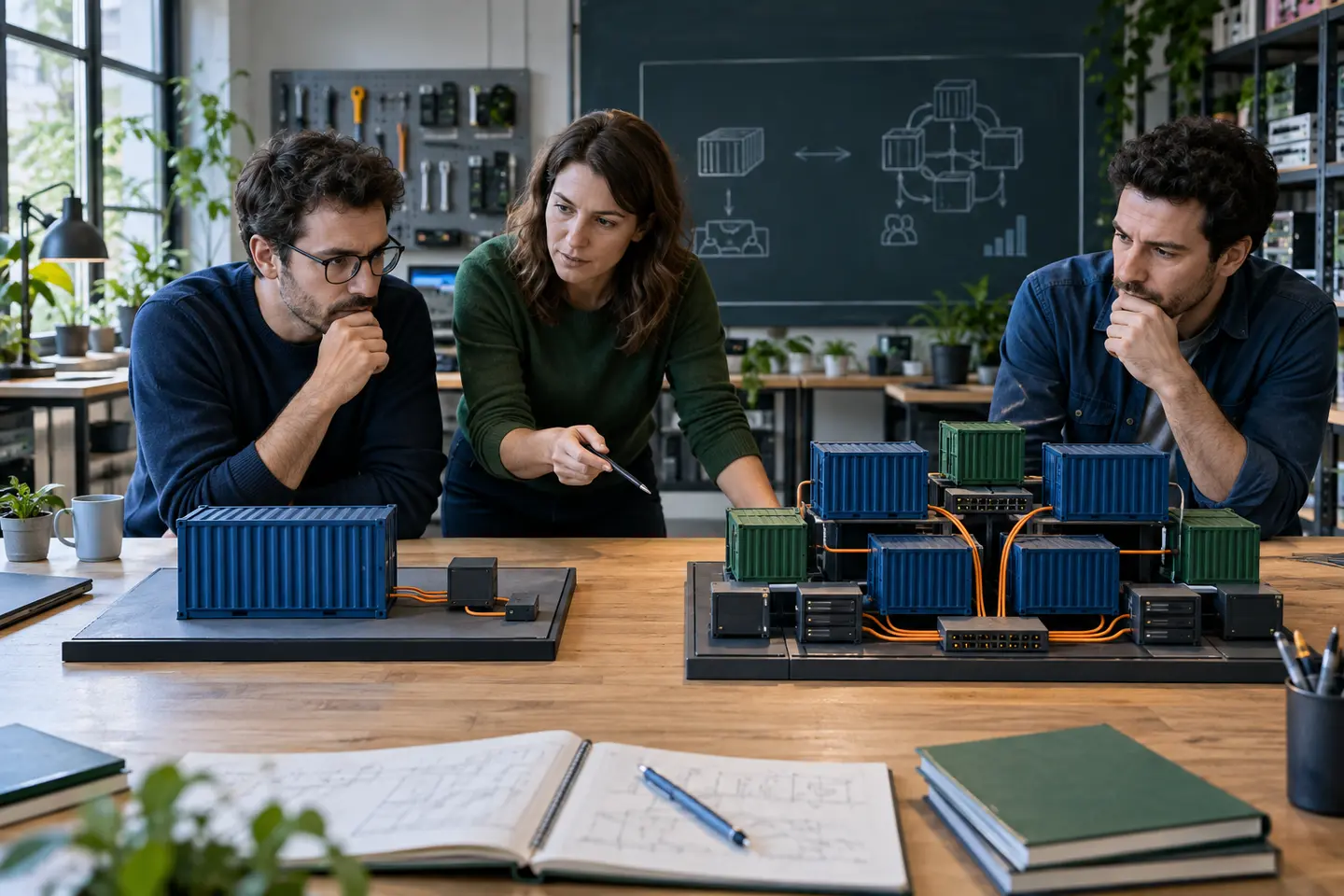 Équipe comparant une plateforme simple et une architecture orchestrée