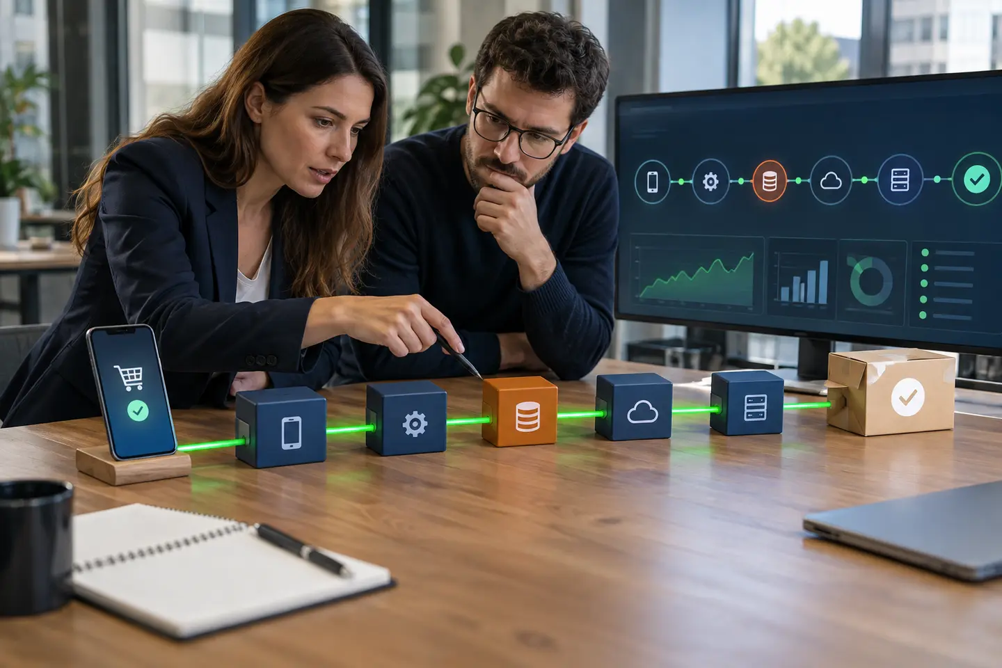 Équipe suivant un parcours client à travers plusieurs services numériques