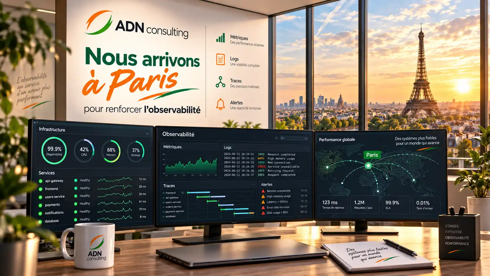 Espace de supervision ADN Consulting à Paris illustrant l’observabilité des services et des applications