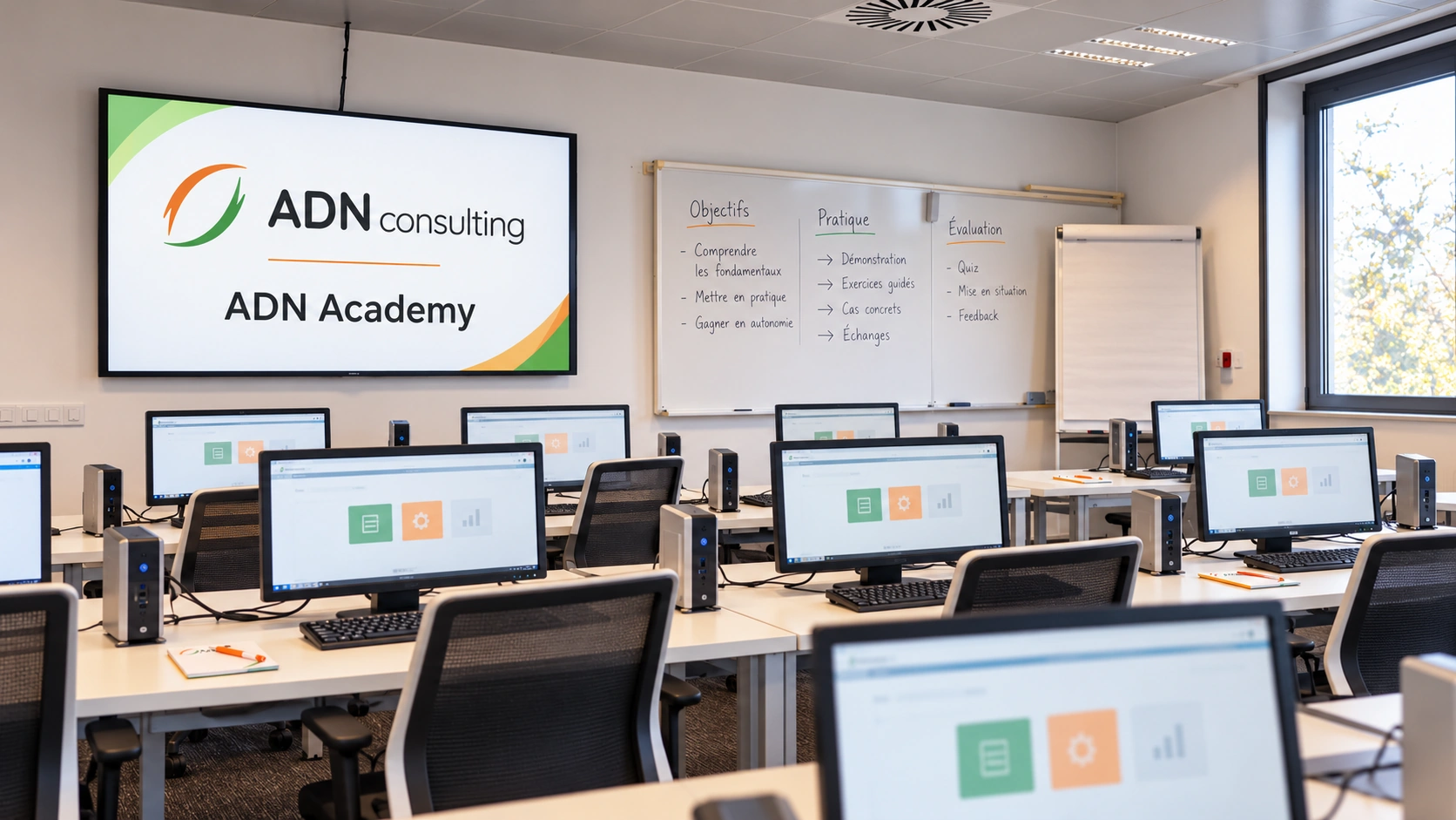 Salle de formation ADN Academy, avec postes informatiques, tableau de travail et écran ADN Consulting.
