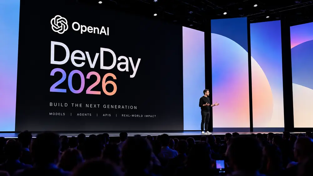 Affiche éditoriale OpenAI DevDay 2026, avec un intervenant sur scène et des panneaux bleus et violets